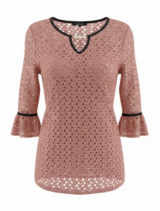 Olivia Blu Tops - Olivia Blu Pink Lace Grandmacore  Blouse with 3/4 Bell Sleeves and Tie Front S